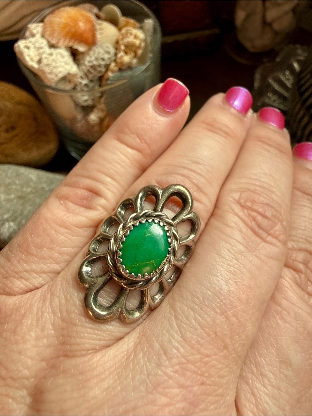 Vintage Navajo sandcast silver ring with green stone